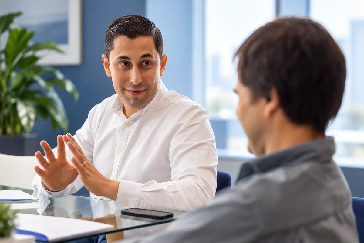 Dos profesionales conversan e intercambian ideas en una oficina.