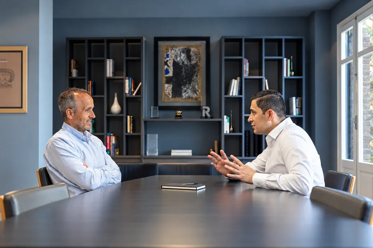Dos profesionales conversan frente a frente en una mesa de reuniones. Fotografía adaptada.