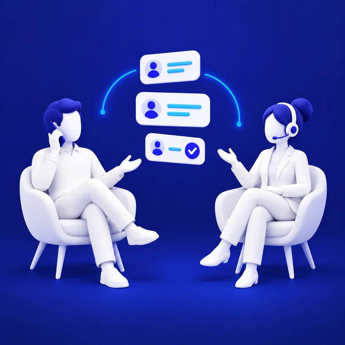 Ilustración: un cliente y una profesional conversan por teléfono con la información compartida entre ambos.