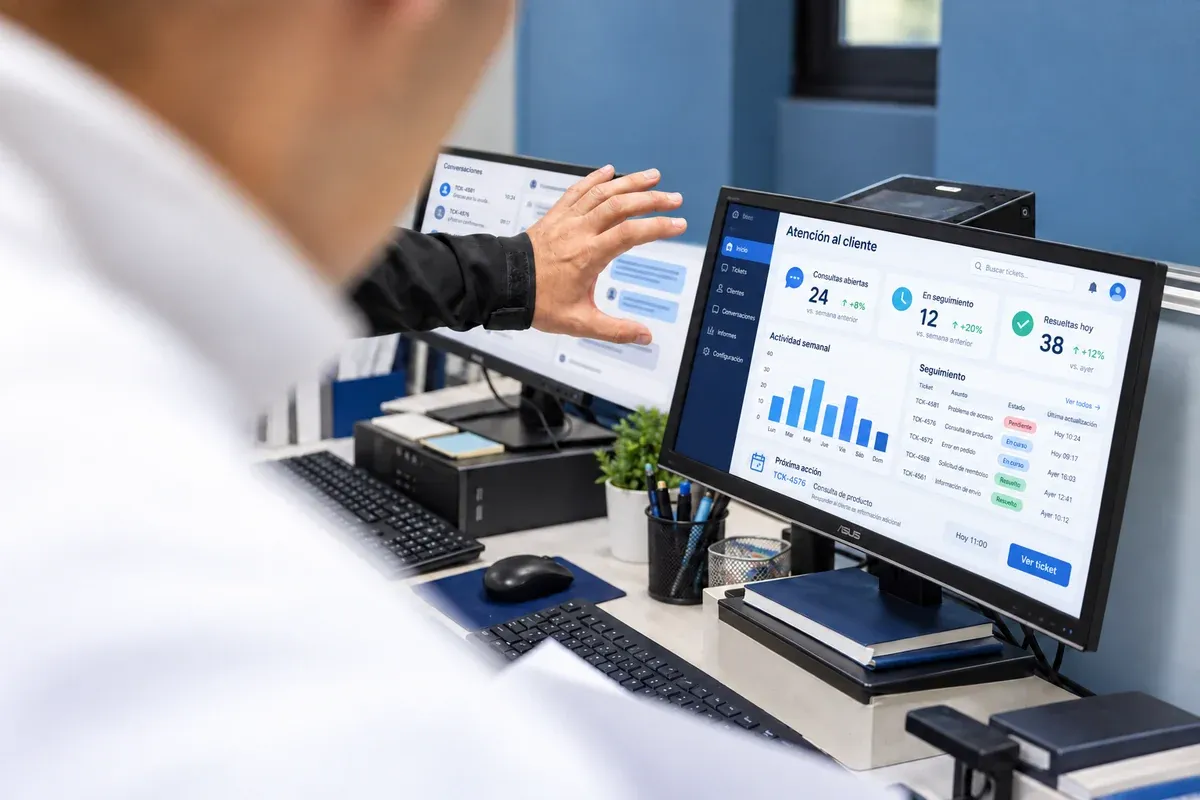 Un equipo revisa un dashboard de atención al cliente con consultas, seguimiento y próximas acciones. Fotografía adaptada.