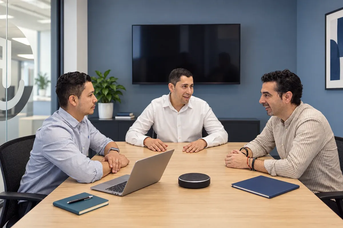 Tres personas colaboran alrededor de una mesa con portátiles y un altavoz de conferencia. Fotografía adaptada.